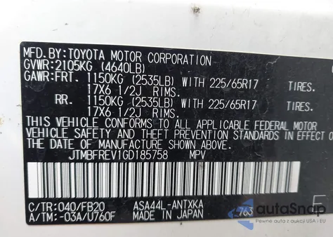 2016 Toyota Rav4 Le z USA, uszkodzony, nr VIN JTMBFREV1GD185758
